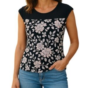 Ricki’s Floral Sleeveless Fitted Top Lace Insert Pink White Black Stretch Size M